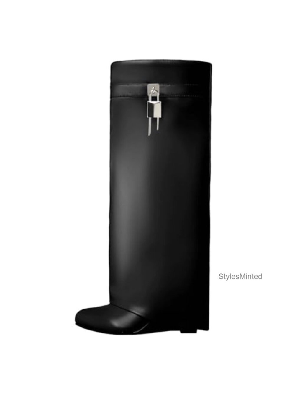 Fold Over Knee High Wedge Boots Wide Calf PU Leather Pointed Toe Side Zipper